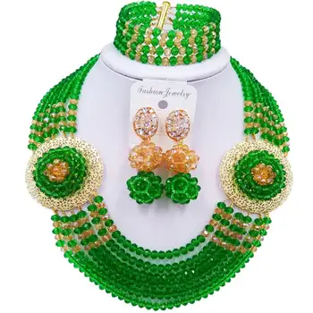 

Wonderful Green Champagne Gold AB Crystal Nigerian Wedding Beads Jewelry Sets 6C-SPHJZ-06