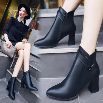 black high heels thick bottom ladies pumps 2018 winter women shoes pums womens stilettos low designer fall woman kitten fashion 