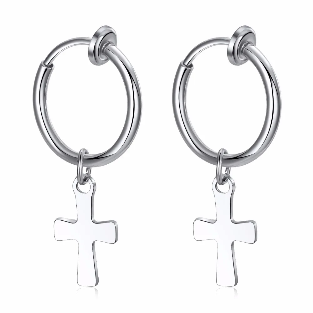 3 Color Unisex Stainless Steel Cross Dangle Hoop Clip on Earrings Non-Piercing