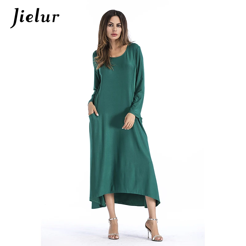 

Jielur High Street Europe Long Sleeve Autumn Dress Female Solid Color Irregular Dresses for Women Round Neck Pocket Vestido S-XL