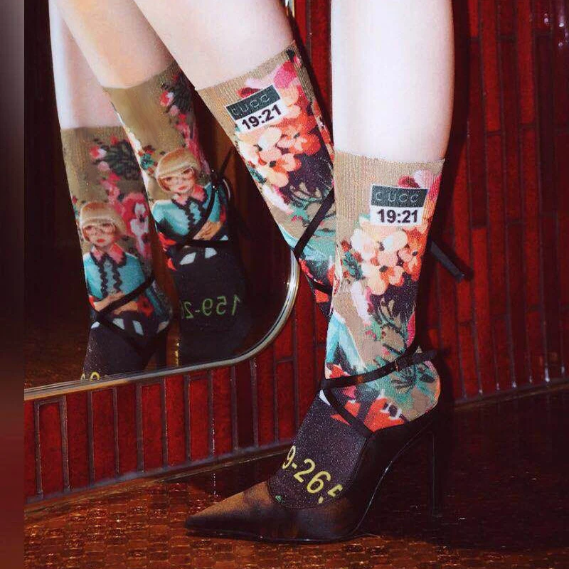 Носки с 3D принтом, модные носки, яркие шелковые креативные носки, носки средней длины, золотые носки