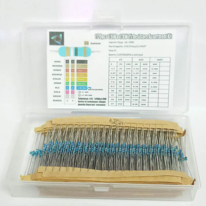 

1120pcs Metal Film Resistor 56Values 1/6W &1/8W 1% Metal Film Resistance Assorted kit Set (1 ohm - 10M ohm )