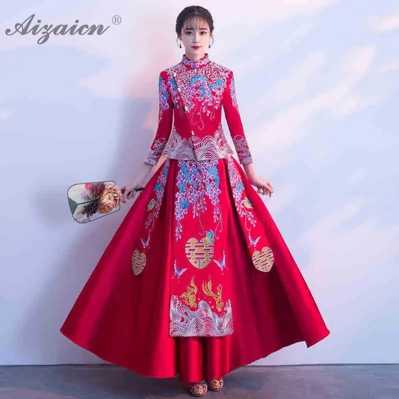 

New Chinese Wedding Dress Qipao Promotion Fashion Bride Embroidery Cheongsam Red Long Dresses Qi Pao Women Oriental Style Gown