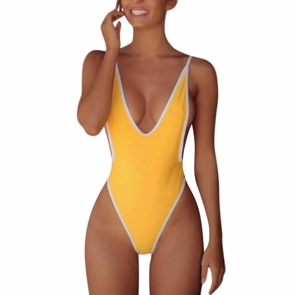 Модный цельный женский однотонный купальник с v-образным вырезом, монокини, купальный костюм, 226