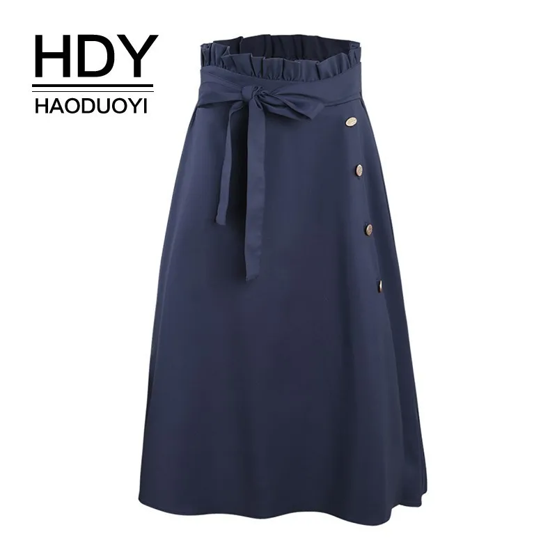 

HDY Haoduoyi 2019 New Large Plus Size Skirts Gold Single Row Button High Waist Butterfly Knot Mid-length Female Women Skirt