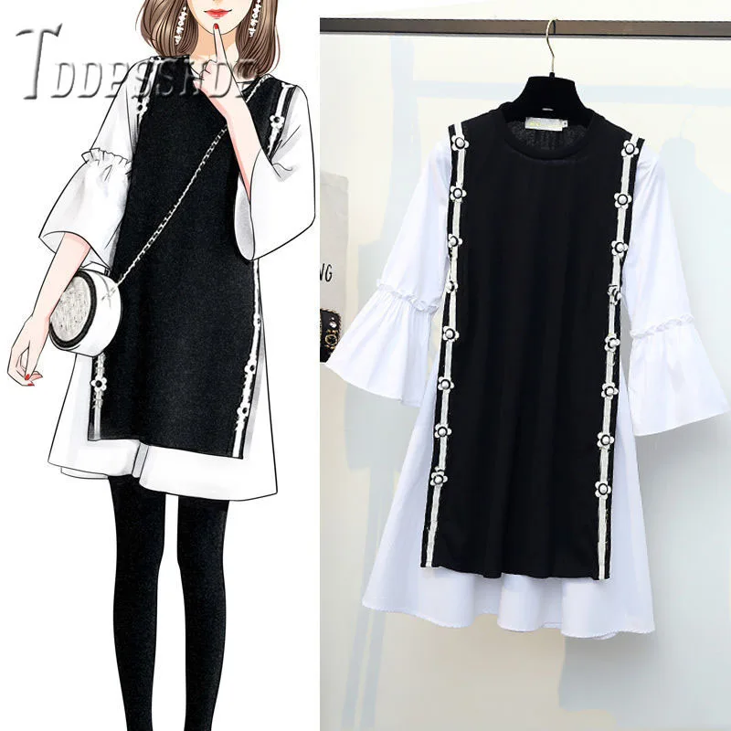 

2019 Plus Size Spring Women Dress Two Piece Slim Black and White Female Dresses