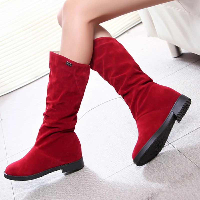 Autumn Winter Women's Boots Matte Flock Boots For Female Ladies Height Increased Low Heel Shoes Woman Mid Calf High Boots