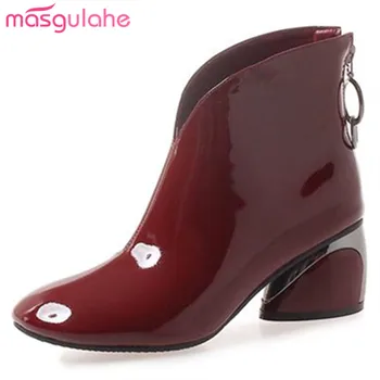 

Masgulahe ankle boots elegant solid genuine patent leather boots office lady unique thick heels autumn winter boots womens shoes