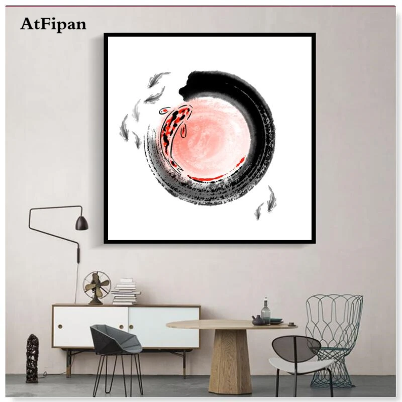 

AtFipan Unframed Canvas Prints Traditional Chinese Style Fish Landscape Canvas Printing Picture For Home Decoration Posters