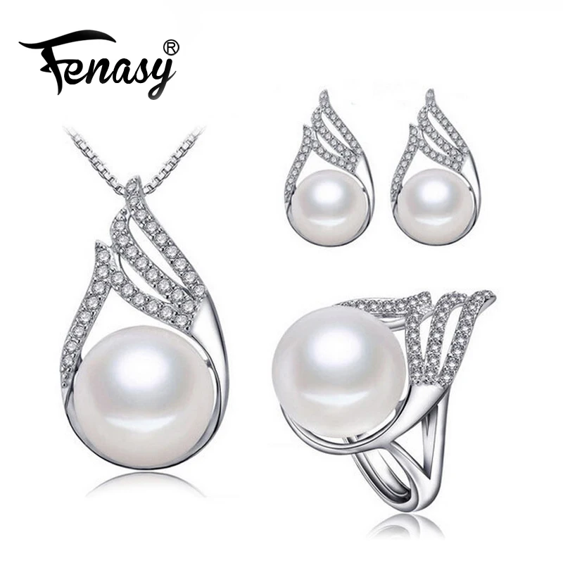 

FENASY Luxury Cubic Zirconia Design 925 Sterling Silver Natural Freshwater Pearl Necklace Earrings CZ Ring Pearl Jewelry Set