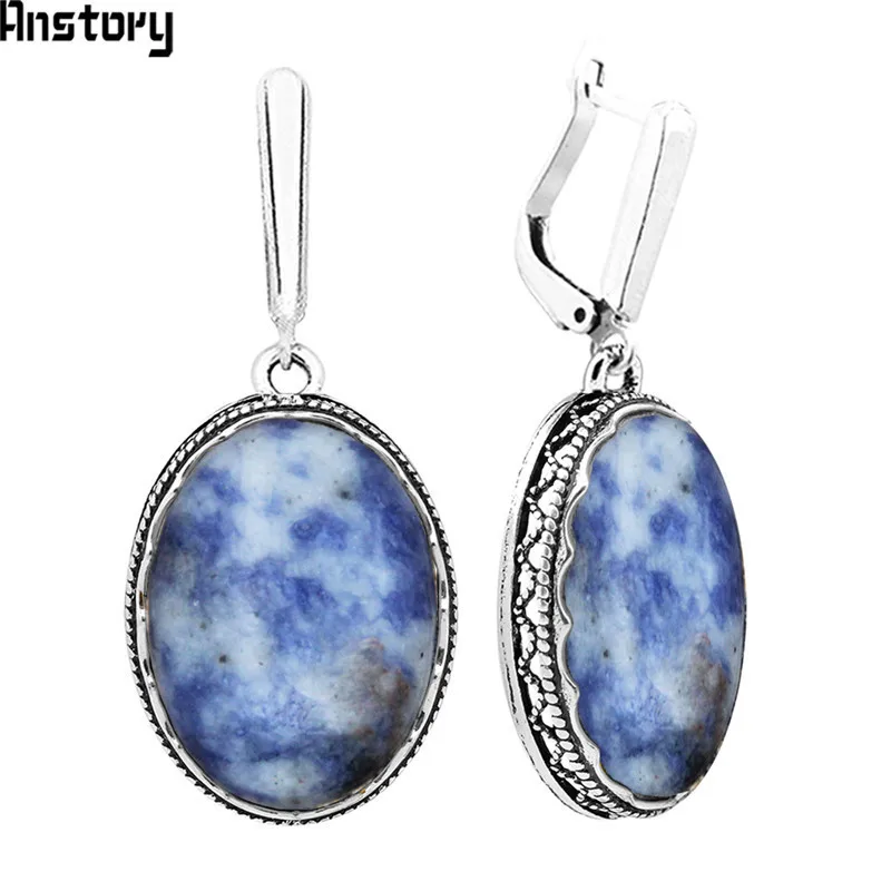 

Oval Natural Flower Stone Earrings Vintage Pendant Earrings For Women Antique Silver Plated Fashion Jewelry TE454