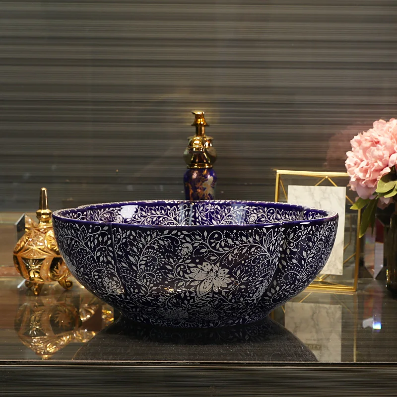 Jingdezhen factory directly art hand painted ceramic counter top washbasin bathroom sinks wash basin flower shape (8)