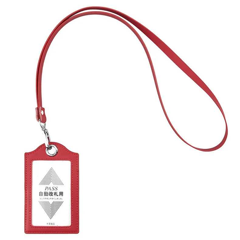 Кожаный ID держатель карточек бумажник чехол с 1 прозрачным ID окном 2 слот для кредитных карт Lanyards офисный шейный ремень - Цвет: red
