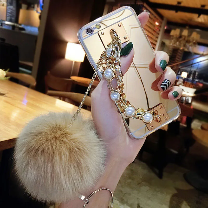 

Mirror Cover For iPhone XS Max XR X 7 8 6 6S Plus Pearl Chain Fur Ball Mirror Cases For iPhone 5 5S
