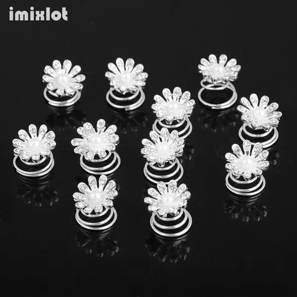 Imixlot 12pcs Bridal Crystal Pearl Flower Spiral Twist Hair Pins Clips Wedding Jewelry Bride Headdress Women Hair Accessories - Окраска металла: 13