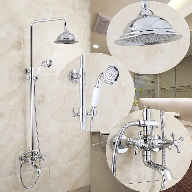 

Luxury Bathtub Faucet Brass Chrome Silver Wall Mounted Rain Shower Faucet Round Handheld 2 Handles Bathroom Mixer Tap Set