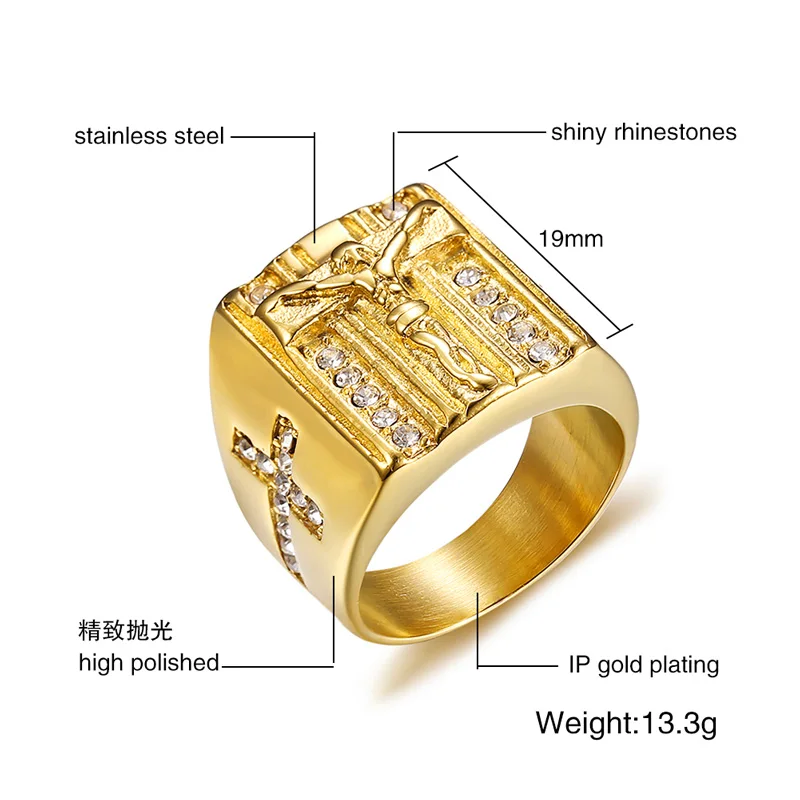 Meaeguet Luxury Crystal Jesus Cross Catholicism Ring For Men Gold-color Stainless Steel Religious Prayer Jewelry