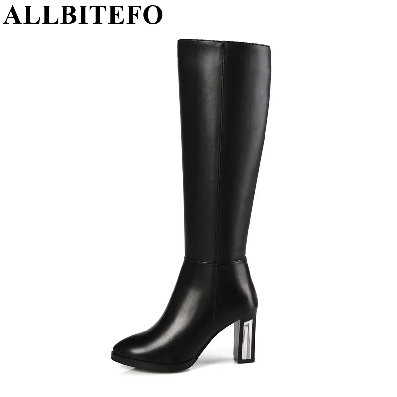 

ALLBITEFO size 33-44 simple leisure high heel women boots genuine leather +PU knee high boots fur inside winter thigh high boots