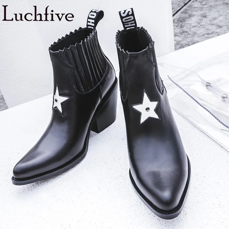

Ankle Boots Pointed Toe genuine Leather Women Booties five star decor chunky high Heels Motorcycle Shoes Woman martin boots