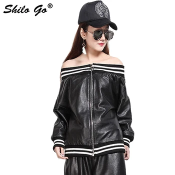 

SHILO GO Fashion Street Women Casual Loose Sexy Slash Neck zipper Sheepskin Genuine Leather Short Baseball Jacket Ladies Jacket