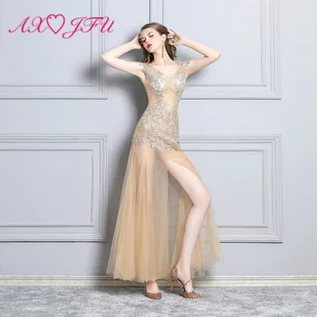 

AXJFU Sexy slim and deep V-neck perspective gold lace mermaid evening dress model performance fishtail long evening dress