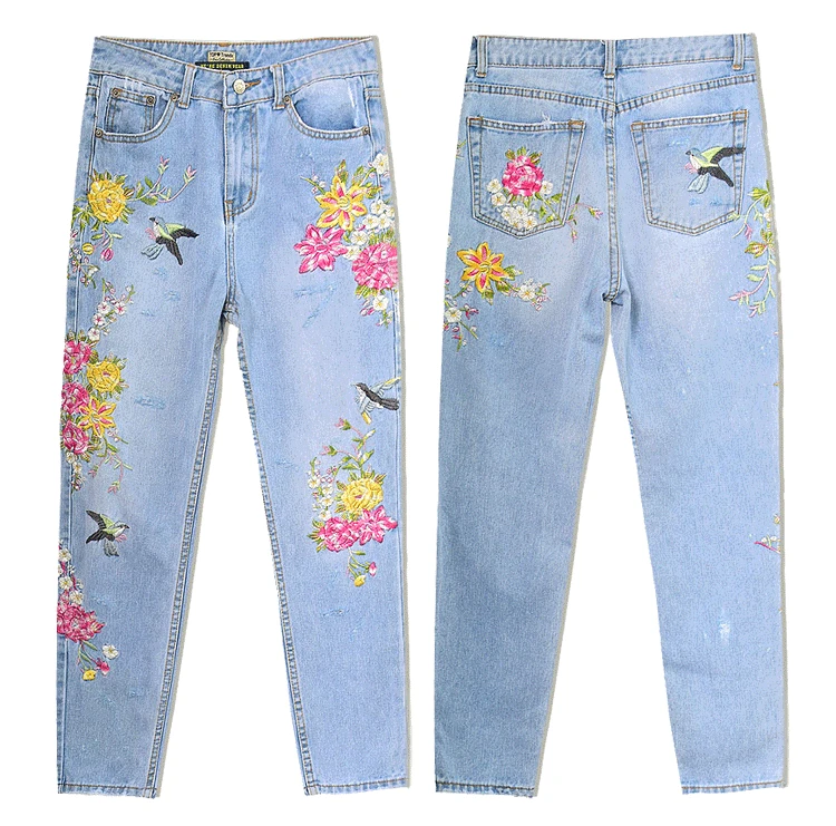 LMCAVASUN цветочный Вышивка женские джинсы брюки повседневные с высокой талией джинсы femme светло-голубые джинсовые узкие jenas узкие брюки 2018