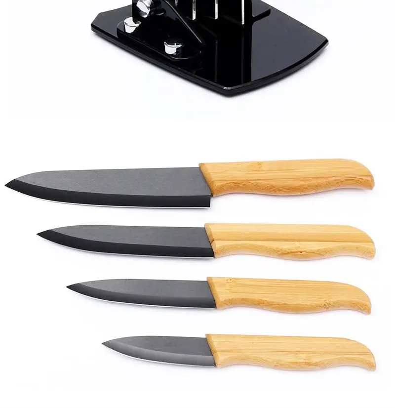 SURVEN бренд 4 в 1 циркониевый керамический набор ножей " 4" " 6" дюймов Черное Лезвие бамбуковая ручка кухонный комплект ножей с держателем