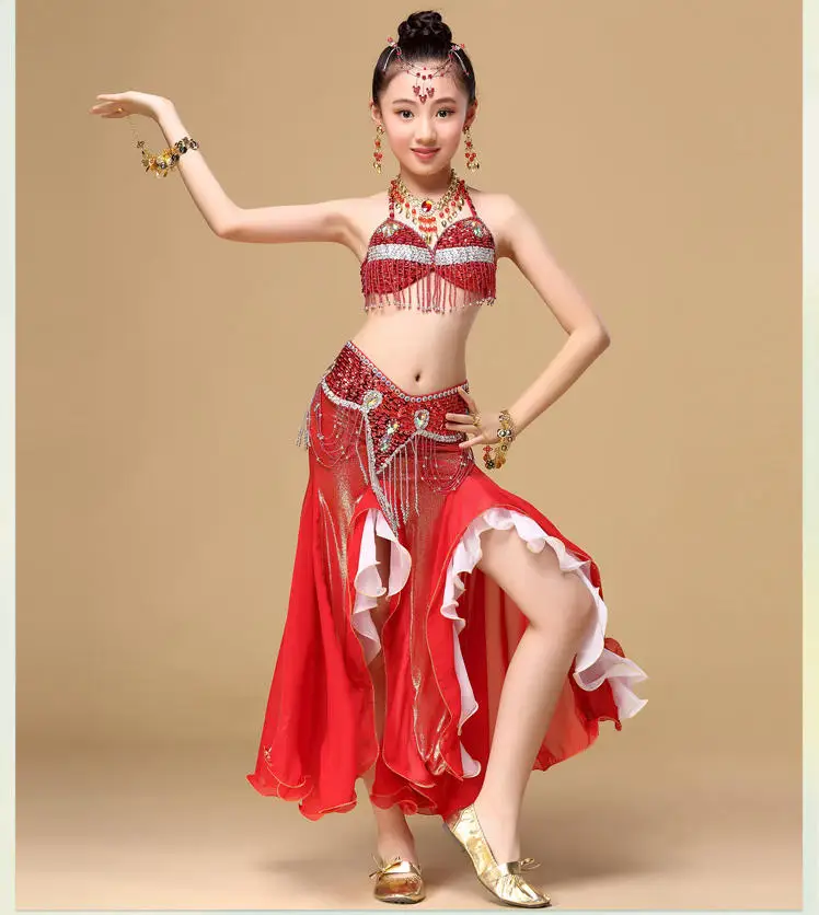 Ребенок этап танцевальной одежды Производительность Восточный танец Одежда для танцев 3-кусок, бюстгальтер, пояс, юбка Дети танец живота