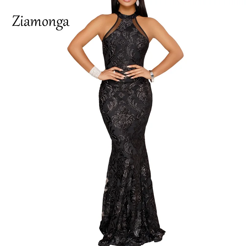 

Ziamonga Bodycon Dress Elegant Halter Neck Backless Party Maxi Dresses 2019 Summer Sexy Floral Mermaid Long Lace Dress Women