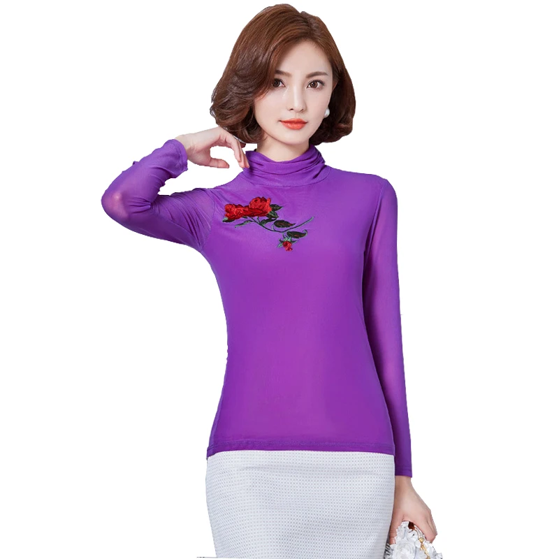 New Autumn Long Sleeve Basic Top Shirts Women Embroidery Floral Designs