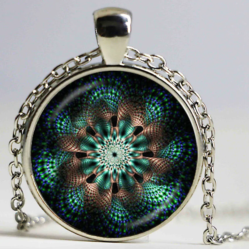 Goddess Sacred Geometry Cabochon Glass Tibet Silver Chain Pendant Necklace