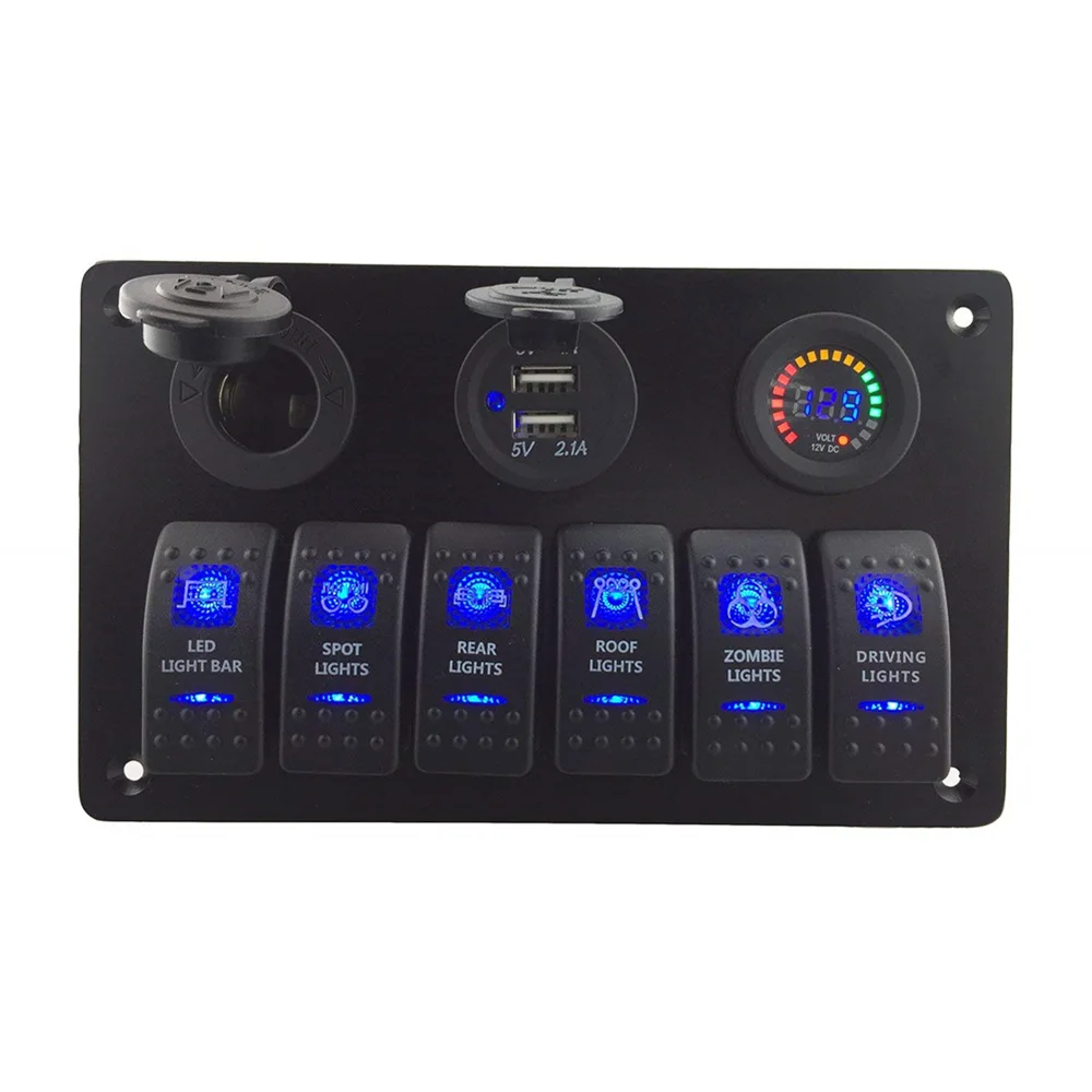 LED Blue light 12V Power Charger Socket 3.1A USB with colour voltmeter aluminum switch 6 gang rocker Panel for RV Car | Автомобили и