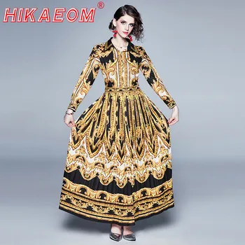 

2019 New Vintage Long Dress Women Pleated Turn-down Elegant Autumn High Waist Rushed Large Swing Evening Party Pink Maxi Dresses