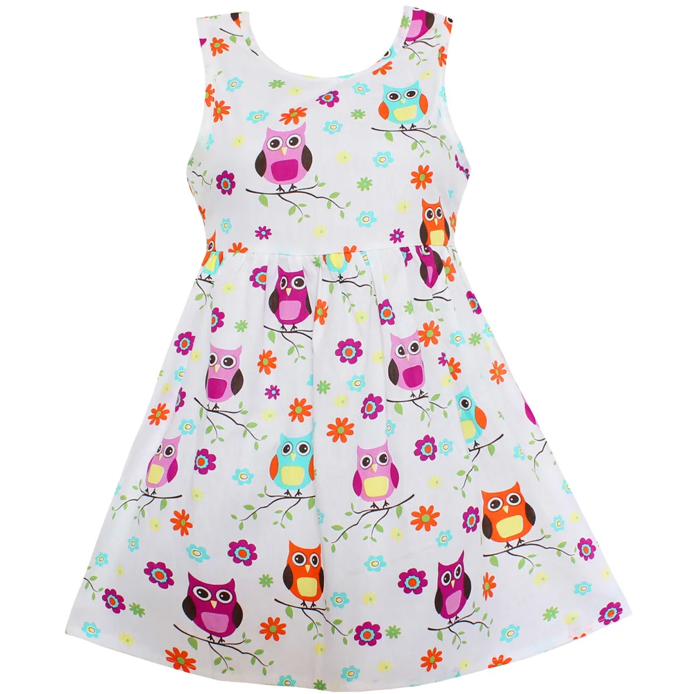 Shybobbi/новое платье для девочек; вечерние платья принцессы с принтом белой совы, птицы, цветов; Повседневная летняя детская одежда; Размеры 4-14