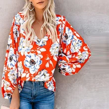 2019 New Autumn Long Sleeve Floral Blouse Shirts Women Casual V-neck Puff Sleeve Tops attractive floral printed v neck long sleeve blouse for women