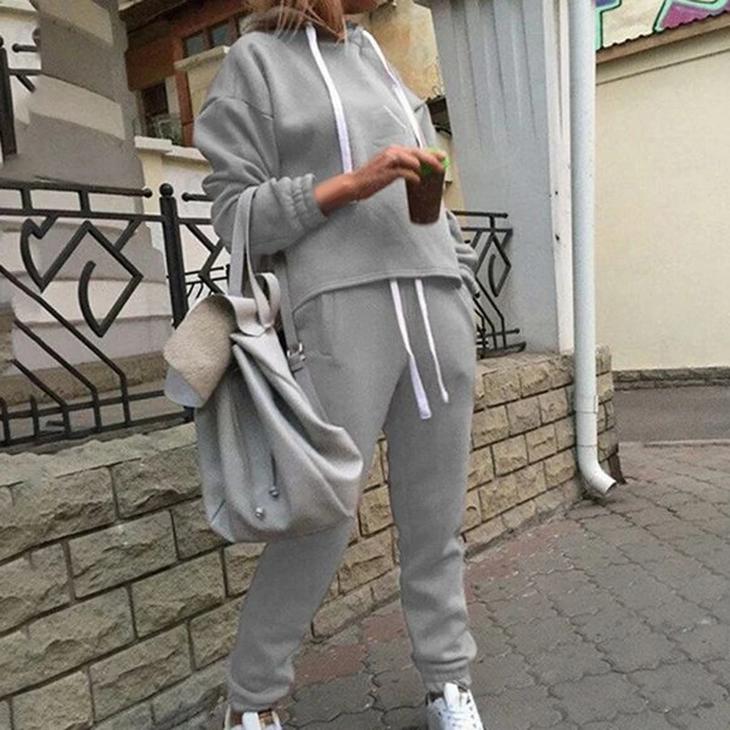 gray Vertvie Женский комплект из 2 предметов, однотонный пуловер, толстовки с длинным рукавом, пуловер, толстовка, обтягивающие длинные штаны, спортивный костюм для фитнеса, комплект - Цвет: gray