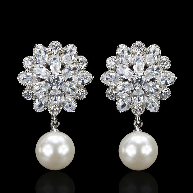 ZOURU Brand Top Quality New Hot Rhoudium Gold Plating Big AAA CZ Flower Pearl Earring Wedding For Women Vintage Jewelry | Украшения и