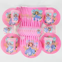Для 20 детей день рождения София чашки тарелка соломы украшения в виде флагов наборы бумага Baby Shower поставки сувениры