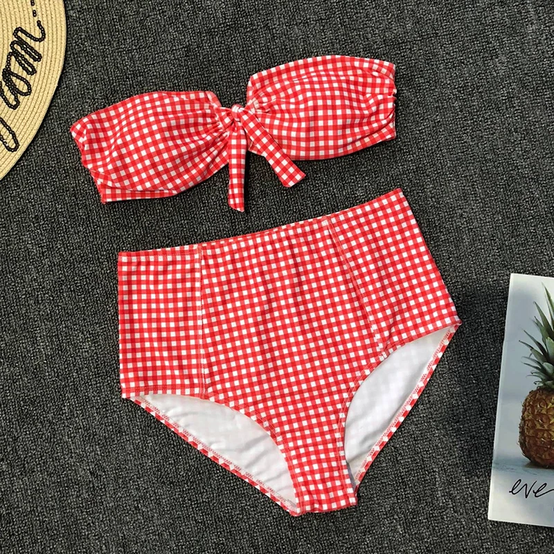 XREOUGA Knot bikinis 2019 mujer biquini Red Gingham swimsuit sexy swimwear women two-piece suits High Waist Bandeau beach wear