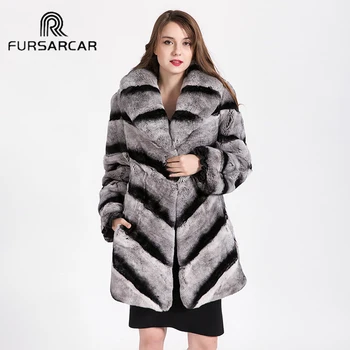 Billig FURSARCAR Neue Mode Frauen Rex Kaninchen Pelz Mantel Gestreiften Langen Pelzmantel Winter Plus GröĂe Dicke Warme Mantel 1606