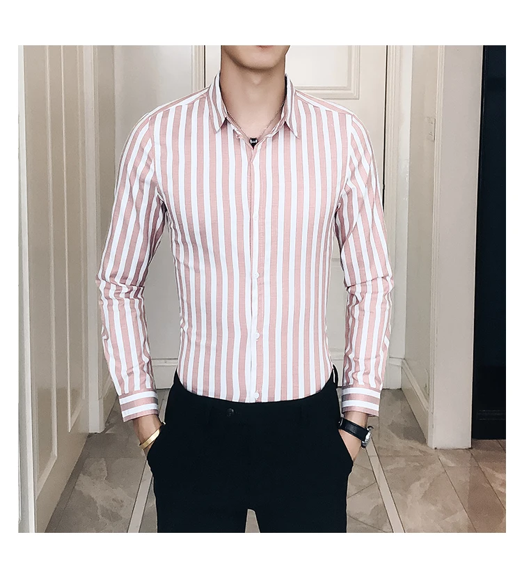 Новая рубашка мужская качественная Осенняя мужская Повседневная рубашка с длинными рукавами облегающая полосатая джентльменский Бизнес Рубашка мужская плюс размер