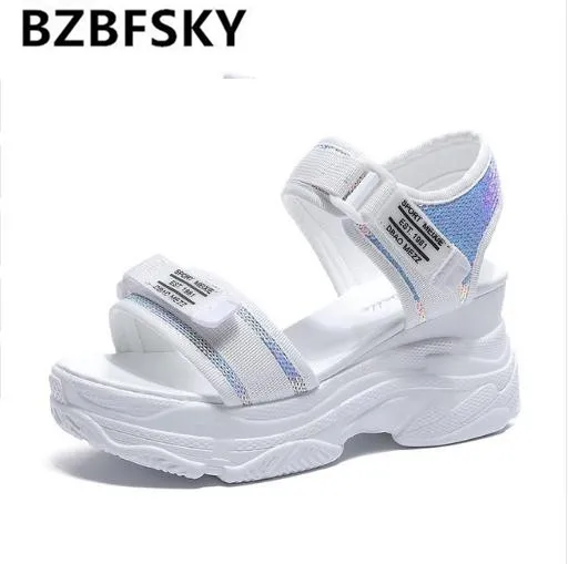 

Women Bling Sandals 2019 Summer Platform Sandals 8 CM Wedges Thick Bottom Casual Woman Shoes Comfortable White Sandals Sneakers
