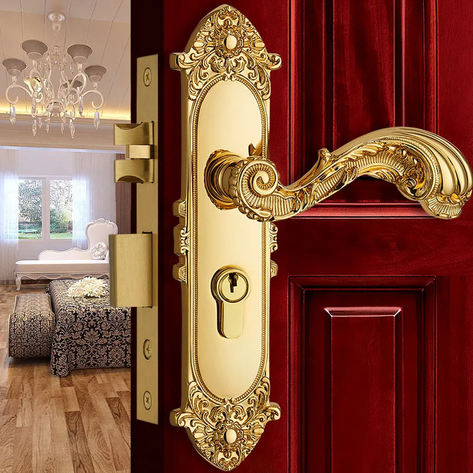 

Europen Fashion Brass Golden Interior Solid Wood Panel Handle Lock Rose Golden Bedroom Bookroom Kitchen Wooden Door Lock Modern