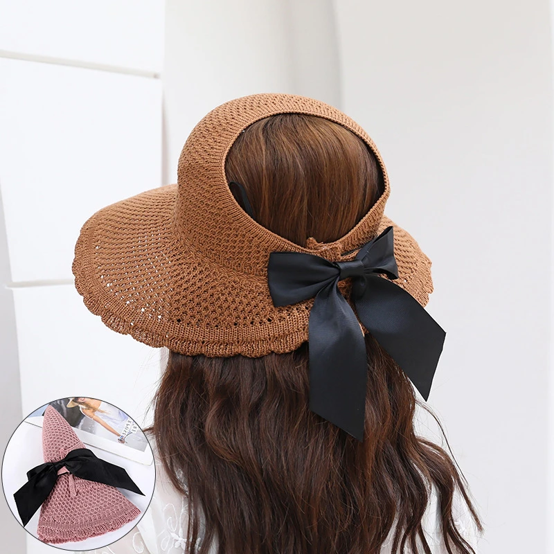 Trendy Women Summer Lace Bow Straw Hats Beach Wide Brim Flat Sun Cap Trendy Women Summer Lace Bow Straw Hats Beach Wide Brim Flat Sun Cap