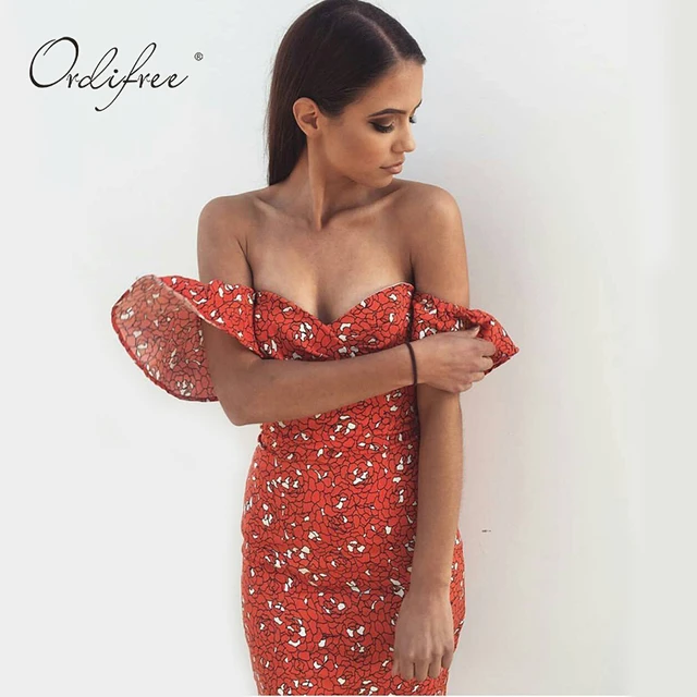 sexy orange red off shoulder floral print bodycon dress