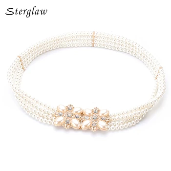 

NEW Women Belts Female Pearl Decorated Dress Wild Flowers Beaded Chain Belt Diamond Elastic Wide Stretch Girdle White B093