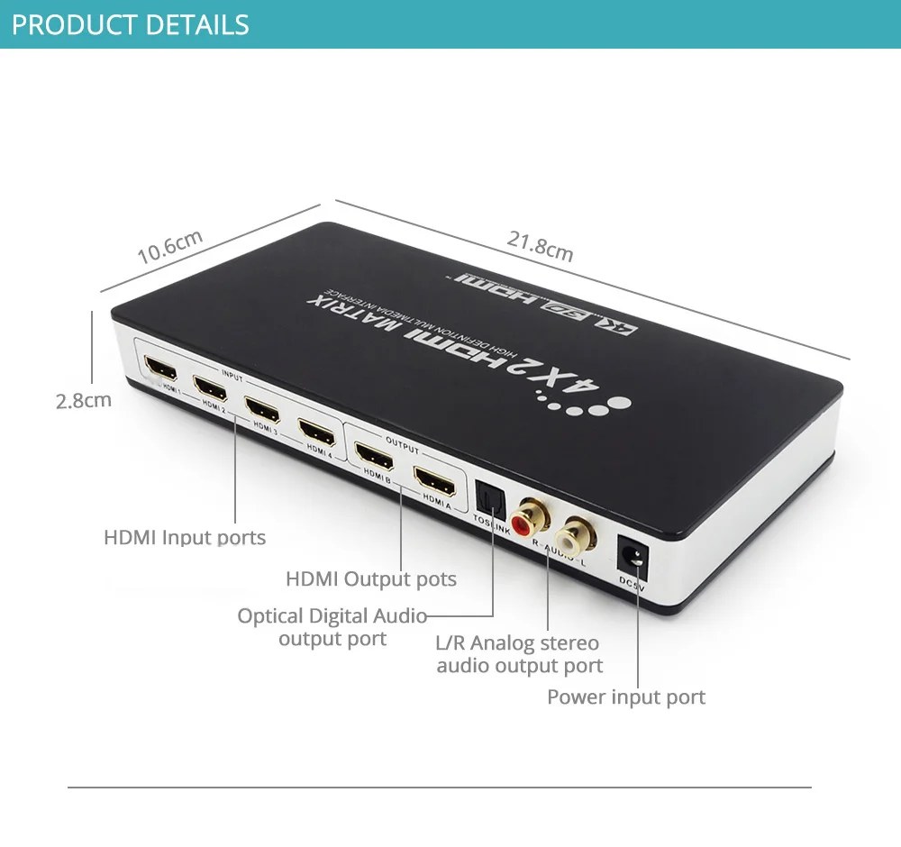 HDMI Матрицы Full HD 4 К 2 К 3D 1080 P HDMI матричный коммутатор 4x2 Splitter конвертер адаптер С Пульт дистанционного Управления+ TOSLink SPDIF Audio