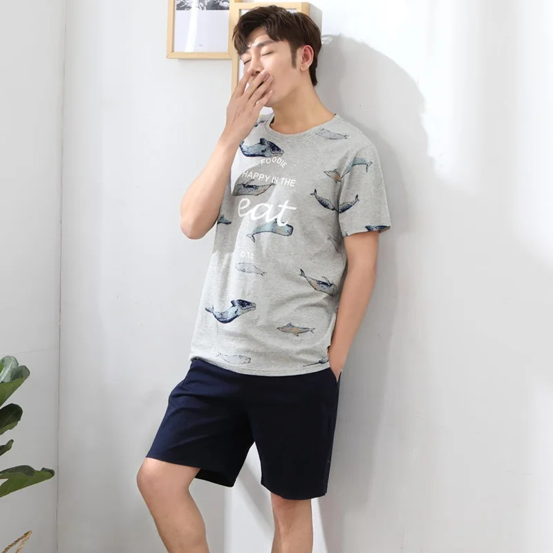 

2019 Summer Short Sleeve Cotton Pajama Sets for Men Cute Cartoon Print Sleepwear Male Homewear Hombre Lounge Home Clothes