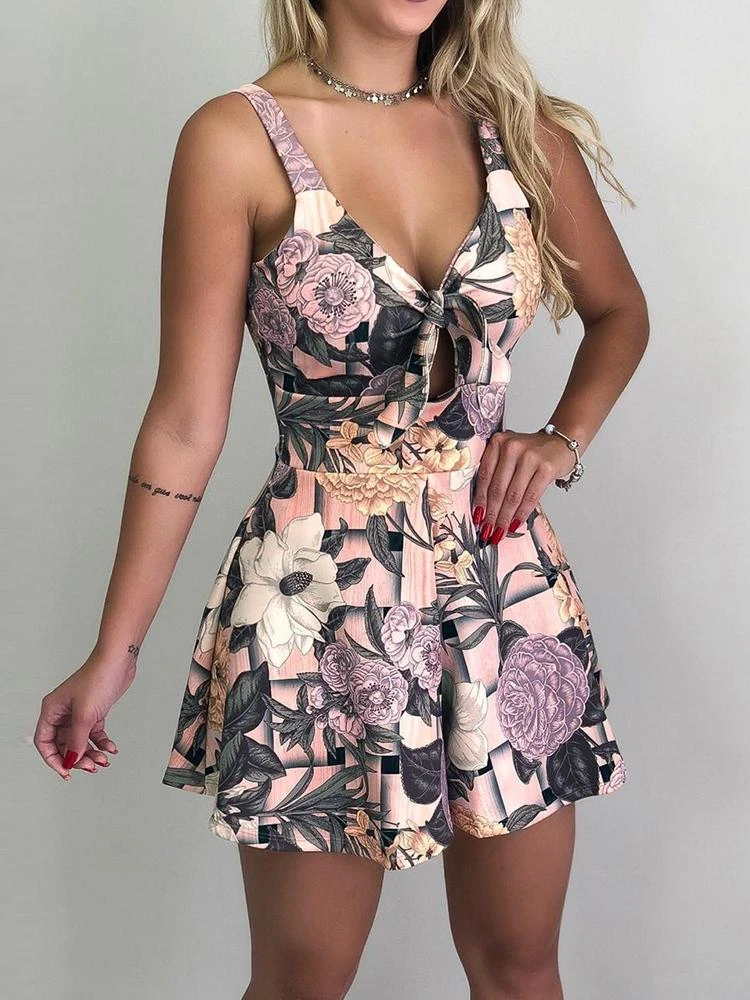 

2020 Women Elegant Summer Plus Size Trendy V-Neck Tied Jumpsuit Spaghetti Strap Floral Print Casual Pleated Romper