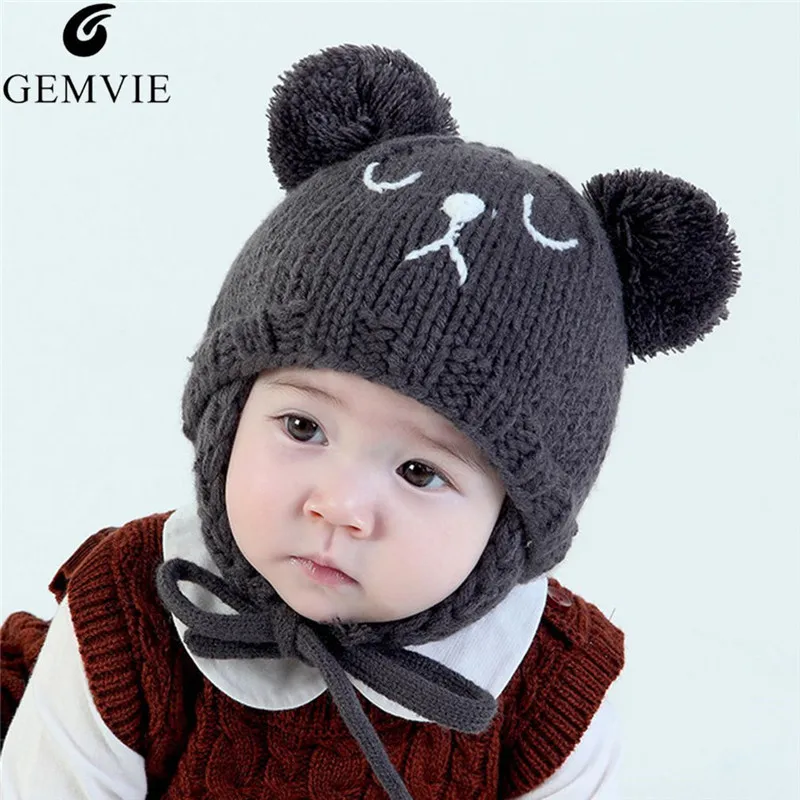 GEMVIE Winter Baby Cute Bear Cartoon Cap Knitted Warm Hat Adjustable